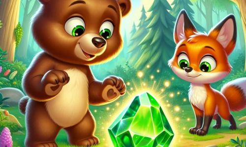Un giovane orso di nome Bruno, con un pelo marrone lucido e occhi curiosi, si trova al centro della scena, guardando con meraviglia una grande pietra brillante di un verde intenso. La sua espressione è di curiosità ed eccitazione, con le zampe anteriori leggermente sollevate come se stesse per toccare la pietra magica. Accanto a lui, la sua fedele amica, una astuta volpe di nome Fiore, con un pelo arancione brillante e occhi maliziosi, osserva attentamente la pietra, le orecchie ritte e la coda avvolta attorno alle zampe. Sembra pronta a proporre un'idea, mantenendosi leggermente in disparte per analizzare meglio la situazione. La scena si svolge in una splendida radura della foresta incantata, dove i raggi del sole filtrano attraverso le foglie verdi, creando riflessi di luce dorata sul terreno coperto di fiori colorati. Gli alberi maestosi circondano la radura, aggiungendo un tocco di mistero all'atmosfera. Bruno e Fiore sono davanti alla pietra luminosa, intrigati dall'enigma che rappresenta, pronti a scoprire i segreti che la foresta ha da offrire.