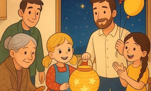 Una bambina di 6 anni, Lina, sorridente con due codine biondo miele, vestito a pois rossi e grembiule blu, tiene una lanterna di carta con stelle di carta; la nonna dai capelli grigi raccolti in chignon, con un grande maglione, porge un cucchiaio di legno alla tavola a sinistra; il padre con leggera barba e camicia crema, dietro a destra, tiene dei palloncini e guarda la lanterna salire; la cugina Sofia, 8 anni, treccia castana e vestito giallo, applaude tenendo una stella di carta; lo zio Marco con giacca verde sistema le sedie sullo sfondo; la piccola cucina-sala da pranzo è calda e festosa, tavolo di legno chiaro con tovaglie colorate, ciotole di zuppa fumante, ghirlande di carta e luce calda, finestra sul cielo notturno stellato; momento centrale: la famiglia accende una candela nella lanterna che si solleva portando via le stelle di carta e i desideri, atmosfera tenera e festiva.