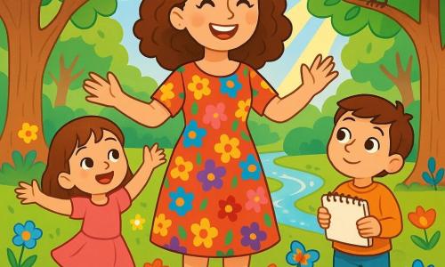 Una giovane donna, la Maestra Laura, irradia gioia con un grande sorriso caloroso. Ha capelli ricci castani e indossa un vestito colorato decorato con motivi floreali. È in piedi nel mezzo di un incantevole parco, circondata da alberi maestosi con foglie verdi brillanti e fiori multicolori che danzano sotto la leggera brezza. Accanto a lei, una bambina di 7 anni, Sofia, indossa una gonnetta rosa e ballerine bianche. Sorride con meraviglia, le braccia alzate come se stesse danzando. Un ragazzo di 8 anni, Matteo, è un po' in disparte, tiene un quaderno da disegno tra le mani, con gli occhi brillanti di eccitazione mentre osserva la scena. Il luogo è il Parco delle Meraviglie, un posto magico pieno di colori vivaci, ruscelli scintillanti e animali amichevoli. La scena principale mostra Laura e i suoi alunni mentre scoprono la bellezza della natura, con i raggi di sole che filtrano tra i rami, creando un'atmosfera gioiosa e ispiratrice. I bambini si meravigliano davanti a un uccello colorato che canta su un ramo, mentre Laura li incoraggia a esplorare e sognare.