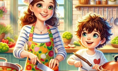 La chef Dorina è una donna sorridente di circa trent'anni, con capelli ricci e un cappello bianco in testa. Indossa un grembiule colorato decorato con motivi di verdure e sta tagliando carote con un grande sorriso sul volto, mostrando la sua passione per la cucina. Accanto a lei, Luca, un ragazzo di 8 anni, ha occhi brillanti e capelli castani disordinati. È concentrato, tiene un piccolo coltello per bambini e si appresta a tagliare una carota, con un'espressione di eccitazione sul volto. La scena si svolge in una grande cucina luminosa, piena di pentole di rame lucido, verdure fresche colorate sul piano di lavoro e scaffali carichi di spezie. La luce del sole entra da una finestra, illuminando la stanza con un'atmosfera calda e accogliente. La situazione principale mostra Dorina e Luca mentre preparano insieme una deliziosa zuppa di verdure, ridendo e condividendo momenti di complicità, mentre la zuppa sobbolle dolcemente in una grande pentola sul fuoco.