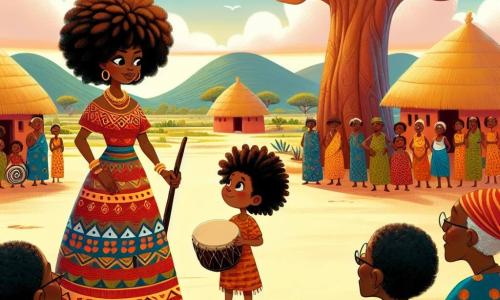La chef Fatou, una donna di circa quarant'anni, si trova sotto un grande baobab, il suo volto radioso di determinazione e speranza. Indossa un vestito vibrante con motivi africani, nei colori caldi del rosso e dell'arancione, e tiene un bastone di ebano in mano, pronta a radunare il suo villaggio. Accanto a lei, un ragazzo di 8 anni, di nome Kofi, con i capelli crespi e gli occhi brillanti, guarda Fatou con ammirazione, tenendo un tamburo di legno decorato con disegni colorati. Un gruppo di villaggio, uomini e donne di tutte le età, si tiene in cerchio attorno a loro, con volti che esprimono preoccupazione e speranza. Lo scenario è un pittoresco villaggio africano, con capanne in argilla e tetti di paglia, circondato da campi verdi e alberi maestosi. Il cielo è di un blu splendente, punteggiato di nuvole bianche e soffici. La scena principale mostra Fatou pronta a parlare al villaggio per trovare una soluzione alla tristezza causata dal silenzio del fiume, mentre i villaggio l'ascoltano attentamente, con i cuori pieni di speranza.