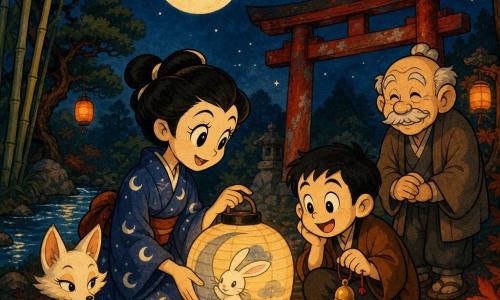 Una donna narratrice dal volto dolce e concentrato e capelli neri raccolti in uno chignon, in kimono blu indaco con piccoli motivi di lune bianche, tiene davanti a sé una lanterna di carta dipinta con un coniglio sulla luna, postura calma e benevola; un ragazzo di circa 8 anni, capelli corti neri e occhi ridenti, in haori marrone è accovacciato vicino a lei, ascolta attentamente tenendo un piccolo campanellino al polso; il signor Gen, un uomo di circa 70 anni dal volto rugoso e sottile mustacchio, in un cappotto semplice sta leggermente in disparte sorridendo con le mani giunte davanti al torii; una piccola volpe bianca dagli occhi brillanti e coda lunga come un pennello osserva alla lisière del boschetto; luogo: una radura ai margini di bambù e pini con il suolo coperto di foglie autunnali arancioni, un ruscello luccicante a sinistra e un vecchio torii rosso sullo sfondo sotto un cielo notturno profondo con grande luna e stelle; situazione: la donna accende la lanterna e racconta una storia per Tsukimi mentre i bambini e l'anziano ascoltano e la volpe osserva dall'ombra; atmosfera calda con colori caldi per le lanterne e toni blu profondi per il cielo, contrasti netti, linee semplici ed espressive e leggera texture carta acquerello.