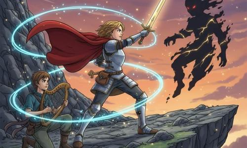 A young female knight stands center, determined and brave, focused face and bright eyes, wearing polished light steel armor with brown leather details and a wind-blown red cape, right hand raising a sparkling sword toward a shadow; a small leather pouch holding a key hangs visibly at her belt. To her left a teenage bard (about 16), seated or kneeling with chestnut hair and simple travel clothes, plays a luminous wooden harp whose strings emit blue light filaments that envelop the scene. To the right a threatening shadow spirit, a vaguely humanoid smoky silhouette with dim red eyes, floats before the knight, golden cracks of light appearing where the music affects it. The setting is a steep rocky cliff by a precipice with grey stones and green moss, an orange-purple twilight sky, swirling winds and faint magical sparks in the air. Main situation: a dramatic, luminous confrontation—the knight protects the key while the bard's music weakens the shadow; dynamic scene with cape motion, glowing harp strings and drifting magic dust.