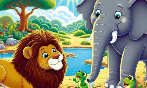 A majestic lion named Leo, with a shining golden mane and determined eyes, digs into the ground with his powerful paws. Next to him, Ellie the elephant, large and gray, uses her big ears to shield herself from the sun while looking at Leo with an encouraging smile. Freddie the frog, small and green, joyfully hops around them, his eyes sparkling with excitement. The scene takes place by a dry riverbed, surrounded by colorful flowers that seem sad. The sky is blue and sunny, and birds sing in the leafy trees. Leo, Ellie, and Freddie work together to discover a hidden water source, creating an atmosphere of camaraderie and adventure.