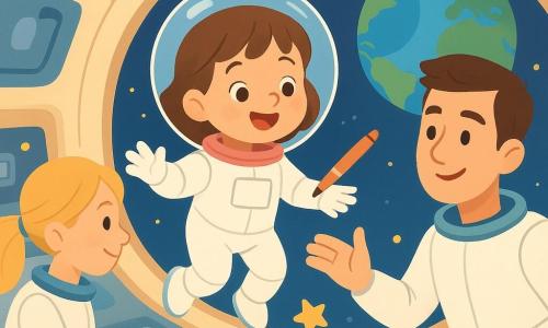 Eine junge Astronautin, Lina, lächelnd und voller Staunen, schwebt in einer hellen Raumkapsel. Sie trägt einen weißen Raumanzug und einen transparenten Helm. Ein etwa 35-jähriger Mann mit kurzen braunen Haaren reicht Lina einen schwebenden Stift und lächelt, er befindet sich rechts von ihr. Eine etwa 30-jährige Frau mit blonden Haaren, die zu einem Pferdeschwanz gebunden sind, justiert Instrumente an einem Kontrollpanel links von Lina. Die runde Kapsel hat große Fenster, die die blaue, runde Erde draußen zeigen. Die Hauptszene zeigt Lina, wie sie einen schwebenden Stift einfängt, umgeben von schwerelosen Gegenständen in einer geräumigen und modernen Umgebung.