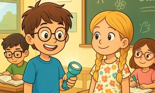 Un niño llamado Mateo, con cabello castaño despeinado y gafas redondas, está de pie en un aula luminosa, mostrando una sonrisa nerviosa y emocionada. Lleva una camiseta azul brillante y un pantalón corto amarillo, sosteniendo una pequeña linterna turquesa llamada Luci, que brilla suavemente en su mano. A su lado, Clara, una niña de cabello rubio trenzado y vestido de flores coloridas, mira a Mateo con una sonrisa alentadora, sus ojos brillando de curiosidad. Diego, un niño de cabello negro y gafas cuadradas, está sentado en su escritorio hojeando un libro con una expresión concentrada, mientras Sofía, una niña de cabello castaño y gafas en forma de corazón, dibuja en su cuaderno con un aire soñador. El aula está decorada con dibujos coloridos en las paredes, con ventanas que dejan entrar la luz del sol y escritorios de madera bien organizados. Al fondo, una pizarra negra está llena de palabras y dibujos, creando una atmósfera acogedora y alegre. La situación principal muestra a Mateo, Clara, Diego y Sofía preparándose para un juego de bienvenida, cada uno compartiendo sus objetos especiales, mientras Luci, la linterna, ilumina el camino de su nueva aventura juntos.