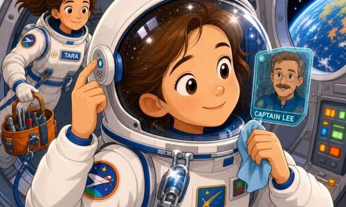 A smiling, focused young female astronaut adjusts a small knob on a white helmet with a wide clear visor, her brown hair haloed and eyes bright, wearing a white-and-blue spacesuit with colorful patches; teammate Tara (about 30) floats behind her to the left, laughing softly with a similar suit and a tethered tool bag, while Captain Lee (about 40) appears on a small screen inside the helmet, calm and reassuring with a thin mustache and light glasses; they are in a station airlock with silver metal walls, round windows showing black space and a blue Earth, green and orange panels and cables; she is testing a new communication helmet during a mini spacewalk—the visor reflects stars, two shiny safety clips are visible, and she wipes a small panel with a cloth—bright colors, soft lines, simple textures, readable expressions, reassuring atmosphere.