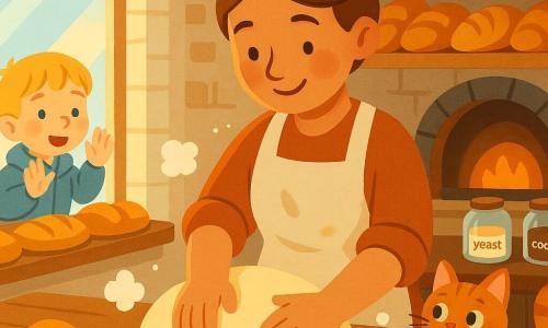 A smiling, serene female baker with chestnut hair in a bun and a cream flour-stained apron kneads a large dough ball on a wooden table, hands dusted with flour; a small ginger cat with green eyes sits on the counter to the right watching with its tail twitching and crumbs around its paws; a roughly six-year-old blond boy in a blue jacket stands by the left display case, palms pressed to the glass, eyes wide at the loaves; the cozy bakery has light brick walls, wooden shelves of golden breads, a glowing cast-iron oven, jars of yeast and cocoa, and soft sunlight; main scene: she kneads in calm, circular motions as flour puffs into the air, ready to bake shiny golden loaves.
