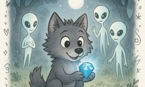Al centro dell'immagine, Nilo, un giovane lupo dal pelo grigio e arruffato, mostra un'espressione di curiosità meravigliata. Tieni delicatamente tra le zampe un zaffiro luminoso, che emette una dolce luce azzurra. Intorno a lui, tre creature extraterrestri, sottili e luminose, con occhi grandi e benevoli, fluttuano leggermente sopra il suolo, osservando Nilo con sorrisi calorosi. Sullo sfondo, una radura incantata, bagnata dalla luce argentata della luna, è circondata da alberi antichi con radici nodose. Il suolo è disseminato di felci e piccoli fiori scintillanti. La scena cattura il momento magico in cui Nilo scopre il potere dello zaffiro, circondato dai suoi nuovi amici venuti dalle stelle.