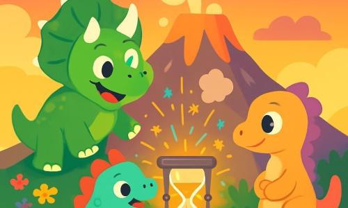 Un triceratops fericit, cu o piele verde strălucitoare și coarne albe, stă pe vârful unui vulcan. Ochii săi mari și rotunzi strălucesc de excitație, iar gura îi este deschisă într-un zâmbet uimit. Lângă el, un mic stegozaur cu plăci colorate pe spate sare de bucurie, ochii săi strălucind de curiozitate. Puțin mai departe, o dinozaurică cu o coadă pufoasă, în culori pastelate, îl privește pe triceratops cu admirație, cu labele din față încrucișate. Vulcanul este măreț, cu pante blânde acoperite de flori strălucitoare și nori de vapori plutind în jurul vârfului său. Cerul este pictat în nuanțe calde de apus, cu nori roz și violete. În această scenă, triceratopsul descoperă un clepsidra magică din piatră, care strălucește cu o lumină aurie, în timp ce scântei colorate ies din ea, iluminând peisajul. Prietenii dinozauri se apropie, fascinați de magia care emană din clepsidră.