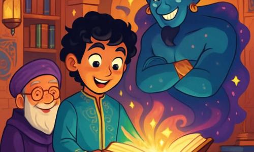 In the center, a young man named Amir, about 15 years old, stands with a look of wonder and determination. He has curly black hair, sparkling curious eyes, and wears a turquoise silk tunic adorned with golden patterns. He is opening a large book with glowing pages, surrounded by an aura of magic. Next to him, an old sage named Malik, around 70 years old, sits on a plush cushion. He has a long white beard, round glasses, and wears a purple velvet robe. He smiles kindly, watching Amir with pride. In the background, a majestic genie named Bahram, with shimmering skin like the night sky and bright green eyes, floats in the air, surrounded by colorful smoke. He has a mischievous smile, ready to pose riddles. The setting is an ancient library filled with books with golden covers and hanging lanterns that cast a soft light. The walls are adorned with arabesque patterns and frescoes depicting scenes from tales. The main situation shows Amir discovering the 