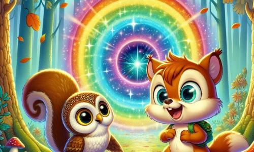 Benny, a young squirrel with brown fur and a wide smile, stands in front of a shimmering magical portal in rainbow colors, his eyes shining with excitement. His adorable bushy tail is raised, betraying his enthusiasm for the adventure ahead. Next to him, Olive, a wise owl with large round glasses and white feathers, watches the portal with curiosity, her eyes wide, while holding a small book in her paws. Spike, a cute hedgehog with golden spikes, gazes at the portal with a mix of wonder and apprehension, his tiny paws on his hips. The setting is an enchanted forest, with tall oaks featuring golden leaves, sunlight filtering through the branches, and a colorful carpet of leaves on the ground. The portal, surrounded by bright flowers and colorful mushrooms, seems to vibrate with magical energy. The main scene shows Benny, Olive, and Spike preparing to enter the portal, their faces illuminated by the promise of an incredible adventure through time, filled with anticipation and joy.