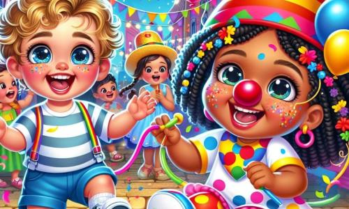 Um menino de 2 anos, com cabelos cacheados e olhos brilhantes de alegria, dança no meio de uma rua colorida do carnaval. Ele usa uma camiseta listrada e um short azul, e seu rosto está iluminado por um grande sorriso. Ao lado dele, um palhaço alegre, um homem de cerca de 30 anos, com um grande nariz vermelho e cabelos multicoloridos, faz piruetas enquanto ri, vestindo um traje de bolinhas e sapatos gigantes. Um pouco mais adiante, uma linda menina de 5 anos, com tranças e um tutu rosa, pinta estrelas no rosto de uma criança, parecendo muito concentrada. O local é uma rua animada, decorada com guirlandas coloridas e balões flutuantes, com confetes no ar e músicos tocando músicas alegres, criando uma atmosfera mágica e festiva. A cena principal mostra o menino Tico dançando com o palhaço, cercado de risos e cores vibrantes, enquanto a menina pinta rostos alegres, capturando o espírito do carnaval.