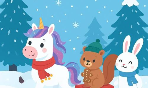 Willow, a small unicorn with a sparkling mane and a joyful gaze, gently pulls a little red sled on the pristine snow. She wears a red scarf with small golden bells that jingle cheerfully. Pip, a squirrel with a green hat, sits on the sled, his eyes sparkling with happiness, holding a gingerbread man-shaped cookie. Lila, a rabbit with a soft blue scarf, stands next to the sled, her ears perked up and a radiant smile on her face. They are surrounded by tall snow-covered fir trees, their branches heavy with glistening snow. The sky is a clear blue with snowflakes gently falling, creating a winter fairy tale atmosphere.