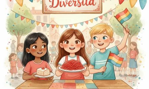 Sofia, 10 anni, volto rotondo, capelli lunghi castani, pelle chiara italiana, occhi luminosi e sorriso timido; tiene un piatto di spaghetti rossi e porge la mano per offrire; a destra Luca, circa 11 anni, capelli biondi corti, pelle chiara, espressione vivace e sicura, agita un piccolo bandierina colorata; a sinistra Aisha, circa 10 anni, capelli neri lisci, pelle olivastra scura di origine nordafricana/mediorientale, sorriso caldo, offre una fetta di dolce di riso su una tovaglia a motivi; sfondo: cortile della scuola trasformato in festival con tavoli di legno coperti da tovaglie multicolori, bandierine e ghirlande, un cartello 