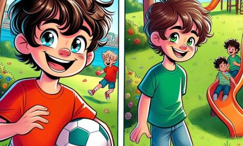 Un niño de 10 años, Lucas, con cabello rizado y despeinado, sonríe alegremente, con los ojos brillantes de emoción. Lleva una camiseta roja brillante y un pantalón corto azul, sosteniendo una pelota de fútbol en sus manos. A su lado está Tomás, otro niño de 10 años, con cabello castaño y liso, que muestra una sonrisa tímida pero feliz, vestido con una camiseta verde y jeans. Están en un parque soleado, rodeados de árboles con hojas verdes brillantes y flores coloridas, con un viejo tobogán al fondo. La escena muestra a Lucas y Tomás jugando juntos, riendo y divirtiéndose, ilustrando su amistad naciente y alegre.