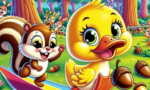 Um pato alegre e curioso, chamado Quak, com penas amarelas brilhantes e um grande sorriso, está correndo em uma pista feita de folhas coloridas, empurrando uma noz brilhante com seu bico. Ao seu lado, um esquilo chamado Pipo, com pelagem marrom e olhos brilhantes, salta alegremente, incentivando Quak enquanto segura uma noz com suas pequenas patas. Ao fundo, uma floresta encantada se ergue, com árvores de troncos grossos, flores coloridas e animais espectadores como coelhos e pássaros, todos rindo e aplaudindo. A cena captura a empolgação da Grande Corrida das Nozes, onde Quak, apesar de sua desvantagem, se diverte e faz rir todos os seus amigos.