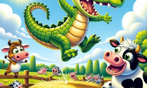 Um crocodilo travesso chamado Caco, com escamas verdes brilhantes e um grande sorriso, está no centro da cena, pulando alegremente em um palco de feno, com os braços levantados, cheio de energia e felicidade. Ao lado dele, uma vaca chamada Maricota, com um chapéu de flores coloridas na cabeça, ri alto, suas manchas brancas e pretas contrastando com o verde da natureza. Um porquinho chamado Tico, usando botas de salto brilhantes, está caindo de forma cômica, com os olhos arregalados de surpresa, logo atrás de Caco. Ao fundo, um cenário de fazenda ensolarada com árvores verdes, um céu azul e animais reunidos, todos rindo e aplaudindo. A cena representa uma competição de saltos hilária onde cada animal tenta pular o mais alto possível, criando uma atmosfera alegre e cheia de risadas.