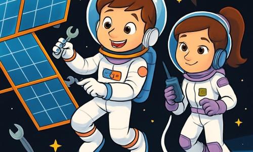 Un tânăr astronaut, un băiat de 10 ani, plutește în spațiu, cu un zâmbet uimit pe față. Poartă o costum spațial alb cu detalii colorate, iar casca sa transparentă îi lasă să-i vadă ochii strălucitori de curiozitate. El repară un mare panou solar, folosind o mică cheie franceză, în timp ce stelele strălucitoare și o Pământ albastru în fundal creează o atmosferă magică. Aproape de el, o astronaută, o fată de 12 ani, îl observă cu un privire atentă și încurajatoare. Are părul brun legat într-o coadă de cal și poartă, de asemenea, un costum spațial, dar cu accente violet. Ține un radio în mână, pregătită să comunice cu el pentru a-l ajuta. Locul este un spațiu interstelar, cu un fundal negru presărat cu stele strălucitoare și planeta Pământ vizibilă, măreață, dedesubt. Scena emană o senzație de calm și aventură, cu elemente tehnologice plutind în jurul lor, precum unelte și cabluri. Situația principală îl arată pe băiat concentrat pe sarcina sa de reparație, în timp ce fata îi oferă sprijin moral, ilustrând spiritul de echipă și prietenia în explorarea spațială.
