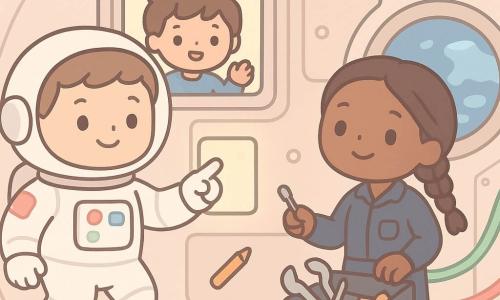 Hombre astronauta sonriente y concentrado, rostro redondo y pelo corto castaño claro, con traje espacial blanco con parches coloridos, flotando y comprobando un panel iluminado con un dedo; a su lado una ingeniera de unos 30 años con el pelo trenzado y ropa azul marino flota con una caja de herramientas abierta con llaves y un destornillador pequeño, ofreciéndosela; en una pantalla rectangular fijada a la pared aparece un niño de unos 8 años con el pelo despeinado que saluda y sonríe desde la Tierra; interior de la estación con paredes metálicas suaves, cables coloridos y pequeñas luces LED rosa y verde, y un gran escotillón que muestra la Tierra azul con nubes; momento tranquilo antes de dormir mientras el astronauta revisa el aire y el sistema de agua, herramientas y caja flotan y un lápiz flota cerca, con una atmósfera cálida, reconfortante y ligeramente mágica.