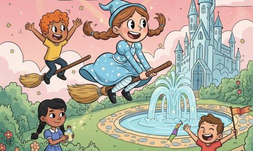 Clara, una niña bruja de 8 años, alegre y resuelta, con coletas castañas y vestido azul celeste con estrellas blancas, sostiene una pequeña varita y vuela en una escoba de madera brillante; Leo, niño de 9 años de rizos pelirrojos, sonriente, vuela detrás animando; Lía, niña de 8 años de trenza negra y mirada concentrada, sostiene un frasco de poción brillante junto a un matorral de flores danzantes; Tomás, niño de 8 años de cabello castaño corto, emocionado, agita una pequeña bandera desde el jardín junto a un pupitre de madera. Escenario: jardín encantado alrededor de un castillo de cristal con césped verde, flores luminosas, fuentes de luz y senderos de mosaico; ambiente luminoso y festivo con nubes rosas, rayos dorados y luciérnagas. Situación principal: carrera amistosa de escobas en un torneo mágico; Clara lidera haciendo una curva sobre una fuente brillante mientras sus amigos la animan. Estilo gráfico: trazos redondeados, colores saturados y contrastados, sombreado simple, expresiones exageradas y siluetas dinámicas, composición centrada en la acción aérea.