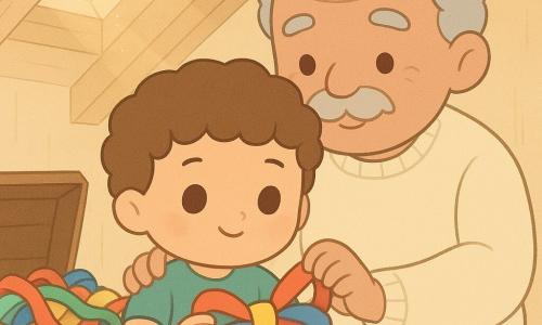 Un băiat de 4 ani, ochi mari și strălucitori, păr castaniu ondulat, față rotundă și zâmbet timid, concentrat și uimit, ține panglici colorate și încearcă să desfacă un nod mare; bunic de circa 70 de ani, cu păr și mustață gri, piele brăzdată dar caldă, purtând un pulover crem din lână, stă în spatele băiatului cu mâinile pe umerii lui și privire blândă; într-o mansardă luminoasă cu grinzi din lemn deschis, un cufăr vechi deschis plin de panglici satinate roșii, albastre, verzi și galbene, raze de soare păstoase trecând printr-o ferestruică; scena surprinde momentul în care băiatul începe să desfacă panglicile, nod colorat în centru, atmosferă caldă, paletă pastel, texturi satinate și lemn cald, compoziție simplă și centrată, expresii clare.