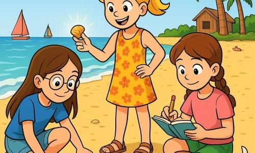 Es gibt 4 Charaktere: - Lena: ein 11-jähriges Mädchen mit langen braunen Haaren und runden Brillen. Sie trägt ein blaues T-Shirt und eine Jeansshorts. Sie hockt und untersucht einen Fußabdruck im Sand. - Mia: ein 10-jähriges Mädchen mit blonden Zöpfen und einem schelmischen Lächeln. Sie trägt ein Blumenkleid und Sandalen. Sie steht und zeigt auf eine kleine Muschel, die in der Sonne glänzt. - Johanna: ein 11-jähriges Mädchen mit kastanienbraunen Haaren und Zöpfen. Sie trägt ein rosa T-Shirt und eine grüne Shorts. Sie sitzt im Sand, hält ein Notizbuch und einen Bleistift und ist bereit, Hinweise aufzuschreiben. - Ein Hund: ein kleiner brauner Hund mit weißen Flecken, der begeistert im Sand gräbt, nahe dem Strand. Der Ort ist ein sonniger Strand mit goldenem Sand, der in der Sonne glitzert. Sanfte Wellen brechen am Ufer, und in der Ferne sind bunte Segelboote zu sehen. Muscheln und Algen sind am Boden verstreut, während eine kleine Holzhütte rechts steht, umgeben von Palmen. Die Hauptsituation der Geschichte zeigt die Kinder bei einer Untersuchung, auf der Suche nach Hinweisen, um eine geheimnisvolle Schatzkiste zu finden. Sie sind alle konzentriert, durchsuchen den Sand und zeigen Aufregung und Neugier auf ihren Gesichtern.