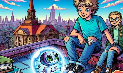 Een 12-jarig jongetje met rommelig bruin haar en nieuwsgierige ogen staat op het dak van een bibliotheek. Hij draagt een felblauw t-shirt en een gescheurde spijkerbroek, met een uitdrukking van verwondering en opwinding. Naast hem staat een 12-jarig meisje met gevlochten blond haar en ronde brillen, dat aandachtig naar een klein buitenaards wezen kijkt. Het buitenaardse wezen is klein, heeft glanzende lavendelkleurige huid, grote groene ogen en lange vingers die lichtjes glinsteren. Het dak is omringd door rode bakstenen schoorstenen en grijze dakpannen, met een panoramisch uitzicht op een bruisende stad beneden. De lucht is helderblauw met donzige witte wolken. Het jongetje en het meisje ontdekken samen een mysterieus lichtgevend voorwerp, een klein kompas dat tussen hen in zweeft en lichtflitsen afgeeft. De sfeer is magisch en vol beloftes van avonturen.