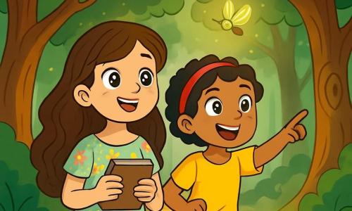 Hay 2 personajes principales: Luna, una niña de 10 años con largos cabellos ondulados castaños, ojos brillantes como estrellas y una sonrisa curiosa, que lleva un vestido ligero con motivos florales y sostiene un pequeño cuaderno; y Valeria, también de 10 años, con cabello corto y rizado negro, ojos llenos de determinación y una cinta roja en la cabeza, vestida con una camiseta amarilla brillante y un short de mezclilla, lista para explorar. Ambas amigas están al inicio de un sendero misterioso, rodeadas de grandes árboles con troncos gruesos y nudosos, cuyas hojas brillantes forman un techo verde. El suelo está cubierto de hojas doradas que brillan bajo la luz del sol, y una suave bruma flota a su alrededor, creando una atmósfera mágica. La situación principal muestra a Luna y Valeria, asombradas, siguiendo a una pequeña criatura parecida a una luciérnaga que las guía a través del Bosque de los Mil Susurros, con rayos de luz filtrándose entre las ramas e iluminando sus rostros llenos de asombro y emoción.