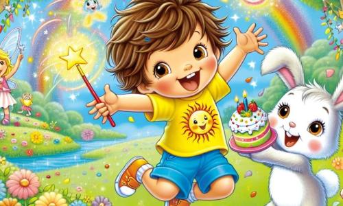 Un bambino di 4 anni, con i capelli castani arruffati e gli occhi scintillanti di gioia, salta felice in un parco magico. Indossa una maglietta gialla con un disegno di sole e un pantaloncino blu, tenendo in mano una fetta di torta e sorridendo. Accanto a lui, un adorabile coniglietto di nome Pippo, con pelliccia bianca e un grande cappello rosso, fa un gesto magico circondato da coriandoli colorati. Più lontano, una bella fata di nome Stella, con ali scintillanti e un vestito rosa, sorride con una bacchetta magica pronta a far apparire bolle colorate. Il parco è incantevole, con alberi dalle foglie brillanti e fiori danzanti. La scena principale mostra il bambino che festeggia il suo compleanno con amici magici, circondato da risate e colori, mentre cattura bolle che fluttuano, creando un'atmosfera di gioia e magia.