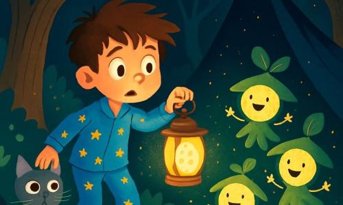 Un bambino di 8 anni, Matteo, con capelli castani disordinati e occhi brillanti di curiosità, tiene una lanterna che illumina il suo viso preoccupato. Indossa un pigiama blu a stelle e pantofole gialle. Accanto a lui, un piccolo gatto dagli occhi argentati, con baffi lunghi e pelliccia setosa, osserva attentamente nella notte. Nell'ombra, Ombrelle scintillanti, creature luminose fatte di polvere di luna e foglie, danzano attorno a loro, i loro volti gioiosi e rotondi illuminati dalla lanterna. La scena si svolge in una foresta misteriosa, dove grandi alberi con tronchi nodosi si ergono, le loro fronde formano un tetto di fogliame denso. Il terreno è coperto di foglie dorate e piccoli fiori luminescenti che aggiungono un tocco magico all'atmosfera. Matteo, con un misto di paura e determinazione, si avvicina a una grande coperta scura sospesa tra due alberi, che sembra assorbire la luce della luna, mentre le Ombrelle lo incoraggiano a parlare alla notte.