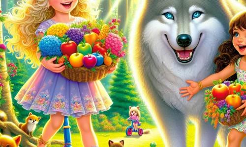 In una bella radura soleggiata, tre ragazze si trovano al centro della scena. **Bianca**, una ragazza di 8 anni con lunghi capelli biondi e occhi azzurri, sorride felicemente mentre tiene un cesto pieno di frutti colorati. Alla sua destra, **Sara**, una ragazza di 7 anni con capelli castani e lentiggini, ride tenendo fiori multicolori appena raccolti. A sinistra, **Emma**, una ragazza di 9 anni con capelli castani e un volto dolce, è seduta sul suo segway colorato, guardando con curiosità il grande lupo.

Il **grande lupo**, un animale maestoso con pelliccia grigia e occhi brillanti, si trova davanti a loro, sorridendo amichevolmente. Sembra imponente ma caloroso, ed è circondato da piccoli animali della foresta che li osservano con curiosità.

La scena si svolge in una **radura verdeggiante**, circondata da alberi maestosi con foglie di un verde brillante, dove i raggi di sole filtrano tra i rami, creando ombre danzanti sul terreno. Fiori colorati punteggiano il suolo, aggiungendo un tocco di magia all'ambiente.

La situazione principale mostra le ragazze e il lupo mentre preparano una grande festa, con palloncini fluttuanti e ghirlande di fiori. Le ragazze ridono e si divertono, mentre il lupo, con un'espressione amichevole, le aiuta a decorare la radura, illustrando così l'amicizia inaspettata che si sviluppa tra di loro.