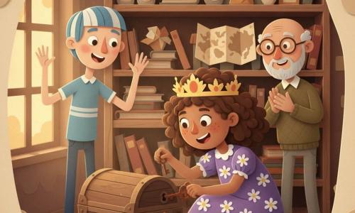 A joyful, determined 10-year-old girl with a round, freckled face and chestnut curls in a crown, wearing a purple dress with small daisies, crouches before an ornate old wooden box holding a small rusted key as she inserts it into the lock; to her left Sam, a tall, skinny 10-year-old boy in a blue striped T‑shirt, stands surprised with his hands raised, while Mr. Bumbles, a kind, relieved ~70-year-old man with round glasses and a short gray beard, stands in the background near a wooden shelf applauding softly—all inside a warm, dusty curiosity shop of warped shelves, old books, jars, maps and golden light through a small‑paned window, captured in a moment of bright expressions, expressive gestures, paper confetti-like flecks, sharp shadows and warm colors evoking a gentle, mysterious adventure.