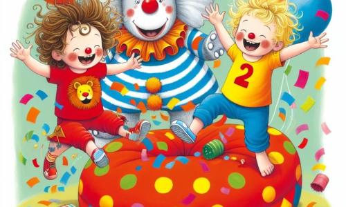 In un circo colorato, due bambini di 8 anni, Luca e Marco, sono al centro dell'immagine. Luca ha i capelli castani e indossa una maglietta rossa con un disegno di leone, mentre Marco ha i capelli biondi e indossa un cappellino blu. Saltano felicemente su un grande cuscino morbido, circondati da coriandoli colorati che volano nell'aria. A destra, un clown gioioso di nome Pipo, con un grande naso rosso e capelli arruffati, li osserva ridendo. Indossa un costume multicolore con pois e righe, facendo un gesto divertente con le braccia. A sinistra, un'elefantessa di nome Ella, con grandi orecchie morbide, indossa un cappello a pois e tiene una grande palla colorata con la proboscide. Sorride ai bambini, pronta a giocare con loro. Il circo è decorato con tende a righe rosse e bianche, luci scintillanti e palloncini fluttuanti. Sullo sfondo si vedono spettatori meravigliati che applaudono e ridono. La scena mostra Luca e Marco che ridono, rimbalzando sul cuscino, mentre Pipo fa smorfie ed Ella lancia la palla verso di loro, creando un'atmosfera gioiosa e magica.