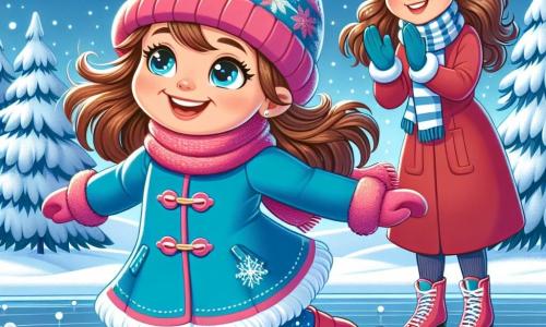 Una ragazza di 11 anni, Sofia, con lunghi capelli castani e occhi brillanti, sta pattinando felicemente su un lago ghiacciato. Indossa un cappotto blu vivo, un berretto di lana rosa e guanti colorati, con il viso che trasmette felicità ed eccitazione. Vicino a lei, sua madre, Elena, di circa 35 anni, con capelli castani raccolti in un chignon e un sorriso caloroso, la incoraggia applaudendo, vestita con un cappotto rosso e una sciarpa a righe. Lo scenario è un paesaggio invernale incantevole, con alberi coperti di neve scintillante e fiocchi di neve che cadono dolcemente dal cielo azzurro. Sofia scivola con grazia sul ghiaccio, ridendo e divertendosi, mentre Elena la osserva con orgoglio, creando un'atmosfera di gioia e complicità in questo quadro invernale.