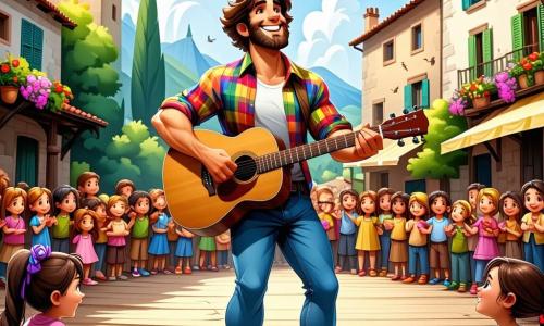 Un uomo, Marco, di circa 30 anni, si trova su un palco di legno in una piccola piazza animata. Ha i capelli ricci e castani, una barba ben curata e indossa una camicia a quadri colorata, con un sorriso radioso sul volto che esprime gioia ed eccitazione. Marco suona la chitarra, le sue dita danzano sulle corde e canta con passione, catturando il suo pubblico. Accanto a lui c'è un ragazzo di 11 anni di nome Luca, pieno di energia. Ha i capelli neri in disordine e indossa una maglietta luminosa con un motivo di sole. Tiene una piccola chitarra, pronto a suonare, e guarda Marco con ammirazione, ispirato dal suo amico. La scena si svolge in una piazza affascinante, circondata da edifici colorati con balconi fioriti. Luci decorative sono appese sopra la folla e i bambini ballano gioiosamente intorno a loro, creando un'atmosfera festosa e calorosa. La situazione principale mostra Marco e Luca che danno un concerto insieme, condividendo il loro amore per la musica con un pubblico entusiasta che applaude e canta all'unisono, creando un momento magico di amicizia e creatività.