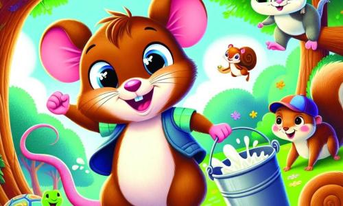 Monty, a mischievous little mouse with sparkling eyes and a big twitching tail, is jumping for joy, proudly holding a large bucket of milk in his tiny paws, his face radiating excitement and determination. Next to him, Squeaks, a clever squirrel with brown fur and a bushy tail, looks at Monty with an amused smile, his eyes shining with admiration as he stands on a low branch of a tree, ready to cheer him on. Tilly, a wise turtle with a shell adorned with colorful patterns, is slightly behind, smiling with pride, her gentle eyes expressing confidence in her friend. The scene takes place in the enchanted forest of Whimsy Woods, where majestic trees with vibrant leaves dance softly in the breeze, and multicolored flowers dot the ground, creating a joyful and lively picture. In the center of the illustration, Monty is preparing to take on the challenge of making his cheese, surrounded by his friends, with a palpable atmosphere of camaraderie and adventure in the air.