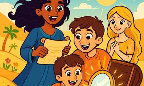 Safira, uma jovem com olhos brilhantes como estrelas, está de pé em uma duna dourada, com o vento brincando em seus cabelos negros e cacheados. Seu rosto expressa uma determinação alegre, enquanto segura um antigo manuscrito em suas mãos. Ao seu lado, Fadil, um garoto de cerca de 12 anos, com cabelos castanhos e olhos curiosos, admira o manuscrito, seu sorriso largo revelando seu entusiasmo. Lila, uma jovem de longos cabelos dourados e vestido cintilante, observa um pouco à distância, seus olhos cheios de esperança fixos em Safira, pronta para ajudá-la nesta aventura. O cenário é um deserto mágico, com dunas de areia dourada, flores coloridas e palmeiras verdes. O céu é de um azul brilhante, com nuvens brancas fofas, e o sol brilha intensamente, criando sombras dançantes no chão. A situação principal mostra Safira, Fadil e Lila descobrindo um antigo baú enterrado na areia, com raios de luz emanando de seu interior, revelando um espelho mágico. Os personagens estão em plena exploração, com os rostos iluminados pela emoção da descoberta, prontos para liberar o segredo escondido dentro do baú.