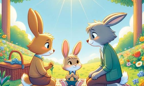 En un bonito parque soleado, un pequeño conejito llamado Roco, con un pelaje suave y grandes orejas, está de pie sobre una manta de picnic, luciendo pensativo y un poco triste, mirando a sus padres con ojos brillantes. A su lado, su mamá, una conejita de orejas grises y una sonrisa reconfortante, le tiende una mano suave, mostrando una expresión de amor y apoyo, mientras que su papá, un conejito de pelaje marrón, se agacha junto a ellos, con una mirada tranquilizadora y una mano en el hombro de Roco. El parque está lleno de flores coloridas, grandes árboles verdes y un cielo azul brillante, creando una atmósfera cálida y acogedora. La escena muestra a Roco hablando con sus padres, expresando sus sentimientos sobre su separación, mientras ellos lo escuchan atentamente, rodeados de la belleza de la naturaleza, ilustrando el amor y el apoyo familiar a pesar de los cambios.
