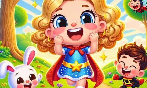 Super Sally, a young woman with curly golden hair, wears a colorful costume with a red cape and shiny stars. She has a big smile on her face, showing her joy and determination, while making funny sounds with her mouth, surrounded by bubbles of laughter. Benny, a little bunny boy with big ears and white fur, is joyfully hopping next to her, his eyes sparkling with excitement. Lucy, a little ladybug girl with red and black wings, flies around them, laughing and clapping enthusiastically. The scene takes place in a sunny park, with a large tree with bright green leaves and a carpet of colorful flowers under their feet. Sun rays filter through the branches, creating a joyful and magical atmosphere. Super Sally uses her comedic powers to distract the Giggling Gnomes, who dance and tumble into a pile of leaves, laughing heartily. The friends enjoy this moment of joy, filled with laughter and happiness.