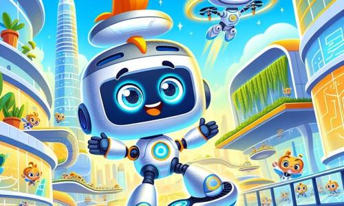 A little robot named Sparky, shaped like a toaster with wheels, has a big smile and sparkling blue eyes full of curiosity. He joyfully floats on a hoverboard with his arms open, marveling at the futuristic landscape around him. Next to him, Lexi, a cheerful drone with propellers, twirls in the air, her eyes sparkling with joy, enthusiastically encouraging Sparky. She performs loops, adding a dynamic touch to the scene. The setting is the Transportation Hub of Brightopolis, a vibrant space where futuristic vehicles of all shapes fly in a bright blue sky. Shimmering glass buildings rise around, and hanging gardens add greenery to this technological landscape. The main scene shows Sparky discovering the magic of hoverboards, floating in wonder above the city while Lexi encourages him to explore this fascinating world filled with light and innovation.