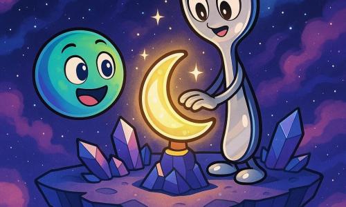 Spinner, a small shiny metal spoon, stands at the center of a floating crystal island, her eyes wide with wonder and curiosity. Her body sparkles under the starlight as she gently touches the Echo of Elysia, a crescent-shaped artifact pulsating with a soft golden glow. Next to her, Glimmer, a colorful sphere with shifting shades of blue and green, joyfully floats, her colors vibrating with excitement. She smiles broadly, her eyes sparkling with curiosity as she admires Spinner. The setting is a dazzling nebula filled with swirling clouds of vibrant colors—purple, pink, and blue—that shimmer like diamonds in the darkness of space. Filaments of stardust dance around them, creating a magical and mysterious atmosphere. The main scene shows Spinner and Glimmer discovering the Echo of Elysia, a moment of revelation and wonder as they realize this artifact holds the secrets of the universe and a message of peace to share with all beings in the galaxy.