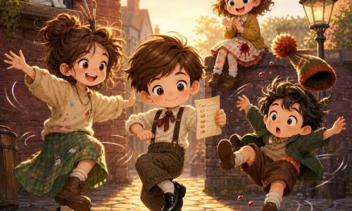 An 8-year-old boy, Oliver, round-faced with a gentle smile, tidy hair and shiny shoes, holds a small paper list and dances confidently at center stage with a joyful focused expression; to his left Bea, about 9, tall with tousled brush-like hair, laughs and makes a big balancing arm gesture; to his right Idris, about 8, small and mischievous, wears a pompom hat that flies off as he watches it in surprise; in the background Mina, about 7, small and playful with colorful stickers on her knee and a smear of red jam on her skirt, sits on a low wall clapping; a glossy black crow perches on a nearby lamppost holding a small jam tart in its beak; the setting is a cobbled alley behind a bakery with red brick walls, a paned window with a white cat on the sill and a golden sunset beam lighting the scene; overall a warm, slightly chaotic dance scene — falling hats, jam splatters, exaggerated gestures and laughter — in vivid pastel colors, strong contrasts and very readable expressions.