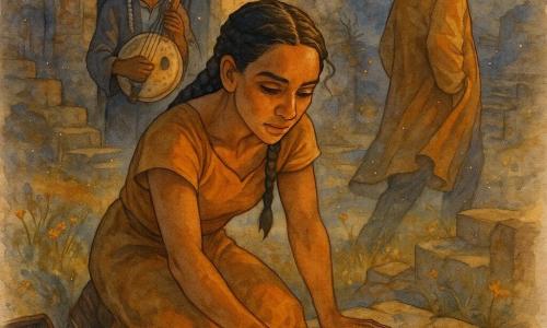 Main woman: Safi, a young woman with gentle determined features, light brown skin, tightly braided black hair, simple ochre dress, tense but resolute face; she kneels on a stone platform placing a small carved wooden bead onto a spiral symbol engraved in the stone. Safi’s emotion: weary yet calmly brave, focused expression, moist but steady eyes, upright despite exhaustion. Secondary 1: the griot, an elderly dark-skinned man with gray braids and a kora on his shoulder, smiling kindly; he stands in a collapsed archway a few steps behind Safi, watching with relief. Secondary 2: Bemba, an adult man in his mid-30s with medium skin and a honey-colored shiny robe, looking upset and defeated; he stands at the scene’s edge turning away, slightly hunched. Place: ruins of Mawu-Lani at dusk, broken stone towers, grass-covered steps with small yellow flowers, walls with flaked frescoes of queens and hunters, a broken arch in the background, burn marks in a spiral on the central platform. Light and mood: soft golden glow emanates from the spiral symbol, dust motes lit like tiny stars, calm atmosphere with bluish shadows and warm highlights. Graphic details: rough cracked stone textures, polished veined wooden bead, copper stitching on a grimoire in an open chest nearby, controlled watercolor splashes suggesting wind and dust. Composition: mid-centre framing on Safi and the spiral, depth showing the griot behind and Bemba departing, leading lines toward the broken arch, palette of ochres, browns, soft blues and touches of gold.