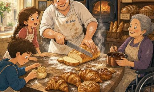 Mr. Robin, a smiling, kindly baker with a flour-dusted round face and a slightly askew blue cap, slices a warm loaf with a large bread knife at a sturdy wooden table piled with golden loaves and flaky croissants; eight-year-old Sami, bright-eyed with a brown braid and a small floral apron, stands left with hands on the table, ten-year-old Tomás, short-haired and focused, sits nearby shaping a snail-shaped brioche, and Rosa, about fifty with tied gray hair in a wheelchair to the right, holds a jar of chocolate, all sharing slices in a sunny, cozy bakery with cement tile floors, wooden shelves of bread, a warm oven at the back, light dustings of flour and gentle steam rising from the bread, in warm ochre, honey and brown tones.