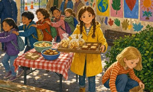 Três meninas: uma de 11 anos, cabelo castanho em trança, pele clara, casaco amarelo e botas, no centro segurando uma bandeja com saquinhos de chips de casca de maçã e quadradinhos de bolo de banana, em frente à mesa do lanche; outra de 10 anos, cabelo preto cacheado, pele morena, colete verde e mochila azul, à esquerda distribui autocolantes em forma de pezinhos e ajuda a organizar um 