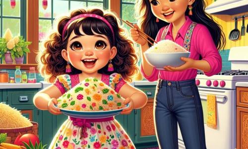 Una bambina di 4 anni, Sofia, con grandi occhi brillanti e capelli ricci castani, sorride felicemente mentre tiene un piatto di riso fritto. Indossa un vestito colorato con motivi floreali, e il suo viso esprime eccitazione e curiosità. Accanto a lei, sua cugina Mei, una ragazza di 6 anni di origine asiatica, con capelli lunghi e lisci, sorride mostrando come preparare il riso. Indossa una maglietta rosa e pantaloni di jeans, standosi vicino al tavolo della cucina. Nella cucina luminosa, decorata con festoni colorati e piatti appetitosi, si vedono frutti freschi e spezie sul bancone. Le pareti sono dipinte di giallo, creando un'atmosfera calda e accogliente. La scena principale mostra Sofia e Mei mentre cucinano insieme, circondate da un'atmosfera festiva, celebrando la diversità culinaria delle loro famiglie. Risate e odori deliziosi riempiono l'aria, illustrando l'unità e la gioia della festa familiare.
