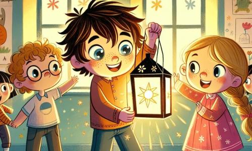 Na środku obrazu jest **Tomek**, sześcioletni chłopiec z rozczochranymi brązowymi włosami i błyszczącymi oczami. Trzyma mały papierowy lampion, oświetlony delikatnym światłem. Po jego prawej stronie jest **Zuzia**, pięcioletnia dziewczynka z warkoczami i różową sukienką, która radośnie się uśmiecha, trzymając inny lampion. Po lewej stronie jest **Antek**, sześciolatek na wózku inwalidzkim, w okularach i niebieskiej koszulce, który z szerokim uśmiechem patrzy na swoich przyjaciół, trzymając ręce na podłokietnikach wózka. Sceneria rozgrywa się w przytulnej klasie, z jasnoniebieskimi ścianami, na których wiszą rysunki zwierząt i kwiatów. Na suficie zawieszone są papierowe gwiazdy, a duże okno ukazuje gwiaździstą noc na zewnątrz. Główną sytuację przedstawia trójka przyjaciół zebrana w kręgu, oświetlona światłem lampionów, podczas gdy uważnie słuchają opowieści swojej nauczycielki, Pani Kasi, która stoi przed nimi z życzliwym uśmiechem, gotowa pomóc im pokonać strach przed ciemnością.