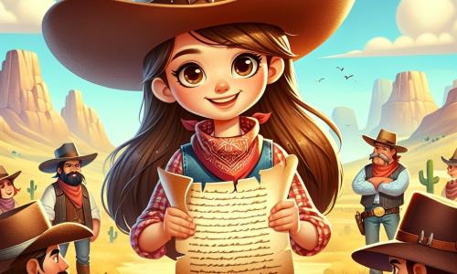 Uma cowgirl corajosa, Lila, está no centro da imagem, com um grande chapéu de cowboy e um sorriso radiante. Ela tem cabelos longos e castanhos, vestindo uma camisa xadrez vermelha e um jeans. Ela segura um velho pergaminho, com um olhar cheio de excitação e determinação. Ao seu lado, Jake, um cowboy de cerca de 25 anos, com uma barba leve e um bandana vermelho ao redor do pescoço, observa o mesmo pergaminho com curiosidade. Ele veste uma camisa azul e calças de couro, levemente recuado, pronto para ouvir Lila. Ao fundo, um grupo de cowboys, todos vestidos de maneira colorida, conversa alegremente, alguns apontando para as montanhas ao longe. O cenário é uma vasta paisagem do Velho Oeste, com colinas douradas, cactos espalhados e um céu azul brilhante, salpicado de nuvens brancas. Ao longe, vêem-se montanhas majestosas sob um sol radiante. A situação principal mostra Lila e Jake descobrindo o misterioso pergaminho que os levará a uma aventura incrível, cercados por seus amigos cowboys, todos ansiosos para partir em busca do tesouro.