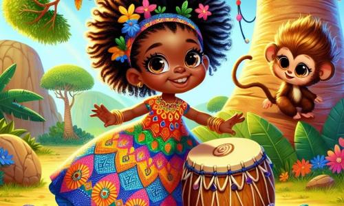Nia, uma jovem com cabelos crespos e brilhantes, está em pé sob um majestoso baobá. Ela tem um olhar maravilhado e curioso, com os olhos brilhando de alegria. Usa um vestido colorido com padrões africanos vibrantes e estende a mão em direção a um tambor de madeira decorado com conchas e penas. Ao seu lado, um pequeno macaco travesso, com olhos maliciosos, sobe em um galho, observando Nia com interesse. O local é uma clareira ensolarada, cercada por árvores de folhas verdes vibrantes, com flores silvestres de cores vivas que dançam ao vento. A cena principal mostra Nia, fascinada, prestes a tocar o tambor encantado, enquanto o macaco parece ansioso para descobrir o que vai acontecer.